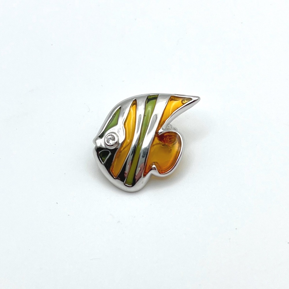 Silver Tone Tropical Angelfish Brooch Yellow Green Enamel Rhinestone Eye Pin